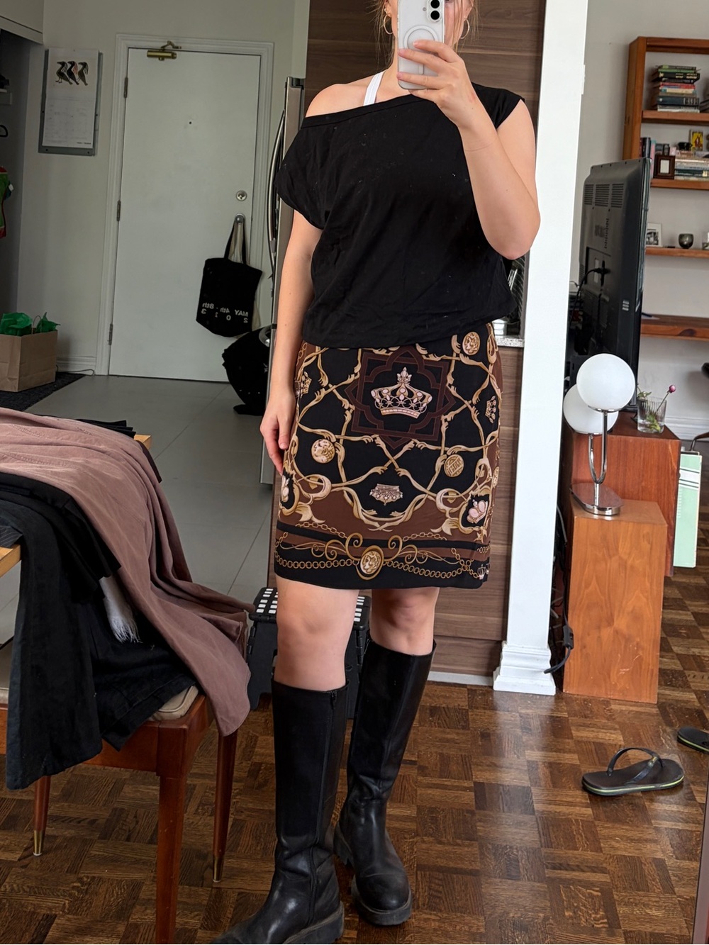 Printed Brown Knee Length Skirt 10% Silk